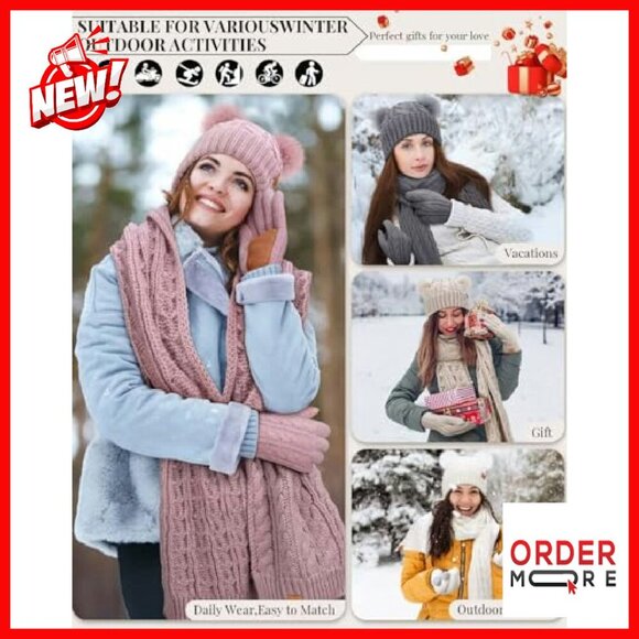 Fleece Lined Beanie Scarf Gloves Set Touchscreen Winter Accessories - Picture 8 of 8